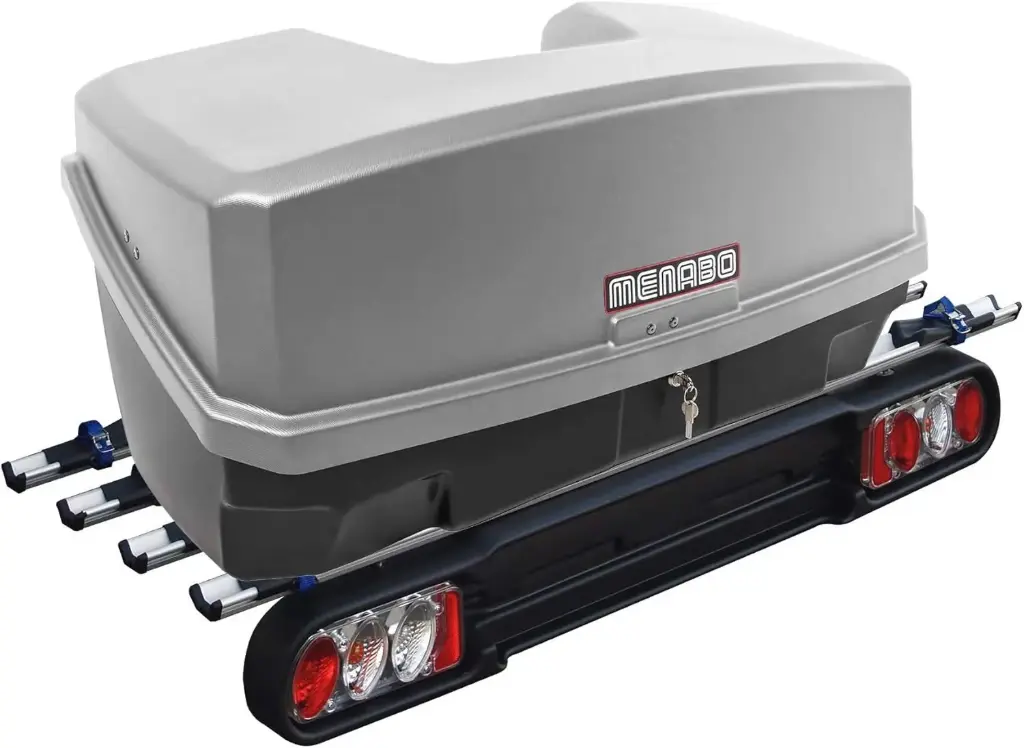 Porte-velos 4 vélos + Coffre sur attelage 300L Menabo Nekkar Gris + Race 4