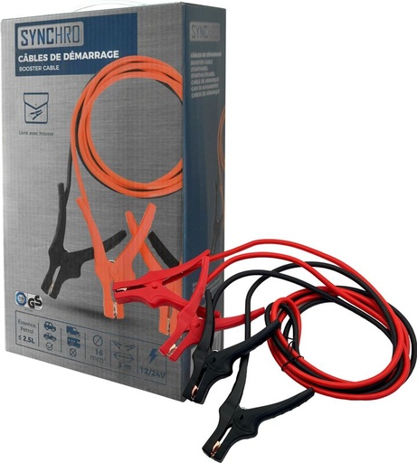 [SYNC932416] Câbles de démarrage 16mm2 - 3m - Uniquement pour moteur à essence Jusqu´à 2,5L de cylindré